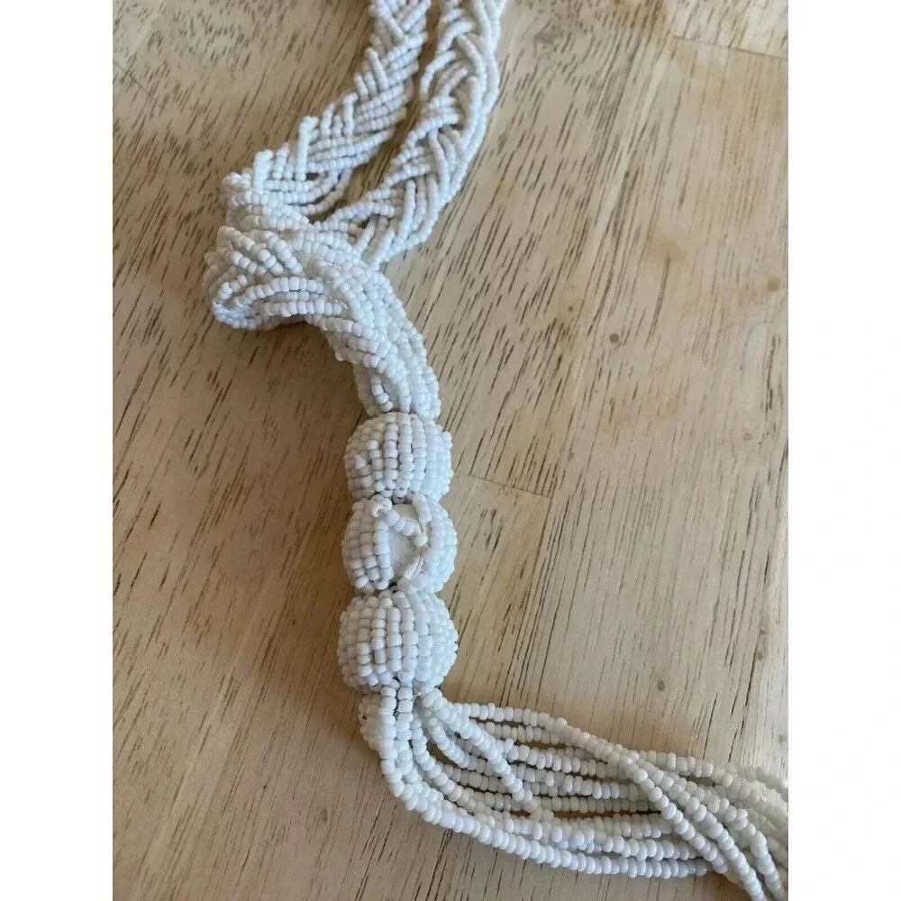 Vintage Braided White Beaded Tassel Necklace. 25” Adjustable.‎
